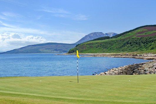 Shiskine Golf Club. 4th green and Kings Caves